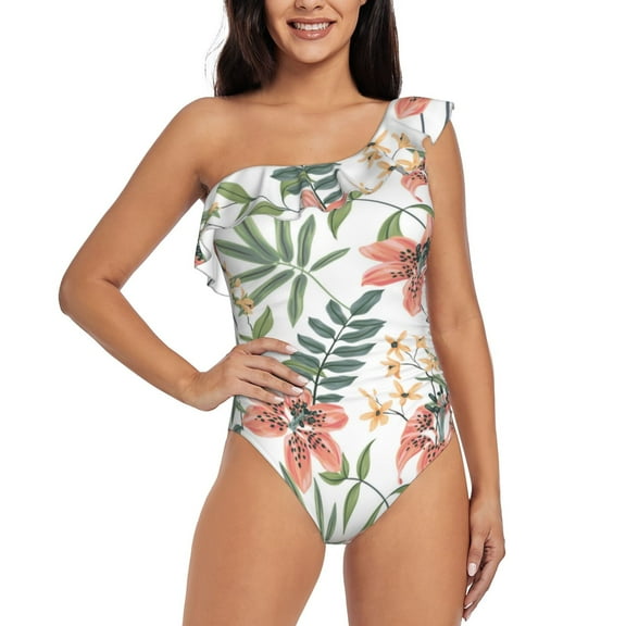 Rateoe Lilies Flowers Pattern Women One Piece Swimsuits Tummy Control One Shoulder Bathing Suits Ruffle Swimwear-Large