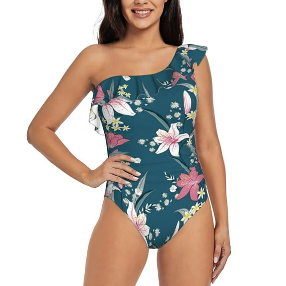 Rateoe Lilies Flowers Pattern Women One Piece Swimsuits Tummy Control One Shoulder Bathing Suits Ruffle Swimwear-XX-Large