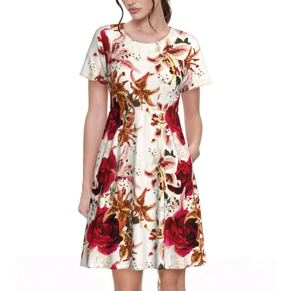Rateoe Lilies Flowers Pattern Women’s Short Sleeve Dress – Casual Elegant Summer A-Line Dress for Everyday Wear