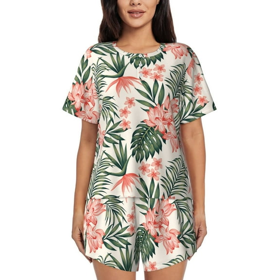 Rateoe Lilies Flowers Pattern Women's Short-Sleeved Pajama Set - 2 Piece Soft and Lightweight Sleepwear Set-Small