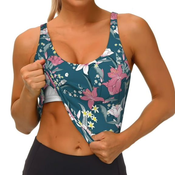 Rateoe Lilies Flowers Print Womens' Sports Bras Scoop Neck Sports Vest- Padded U Back Seamless High Impact Support