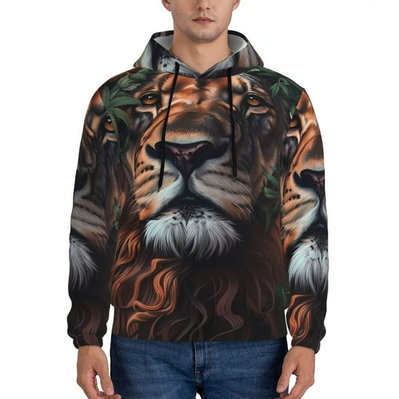 Rateoe Lion Forest Crown Pattern Mens Hoodie, Pullover Hooded Sweatshirt, Kangaroo Pocket Hoodie Ideal for Daily Wear, Travel and Home-3X-Large