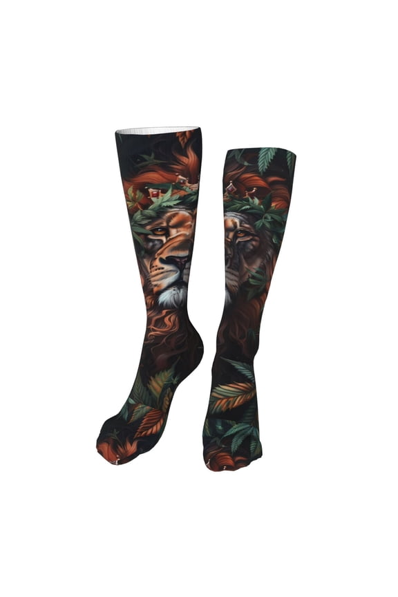 Lion Forest Crown print Women's Men's Novelty 20in Crew Socks Cotton Socks Knee High Socks for Walking,Running,Nurses,Pregnancy-One Size