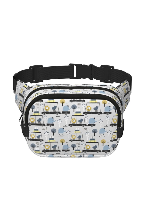 Lion Hippo Elephant On The Car Print Fanny Pack Belt Bag for Women and Men, Square Double-Layer Waterproof Waist Pack with Adjustable Strap for Hiking, Jogging, Cycling