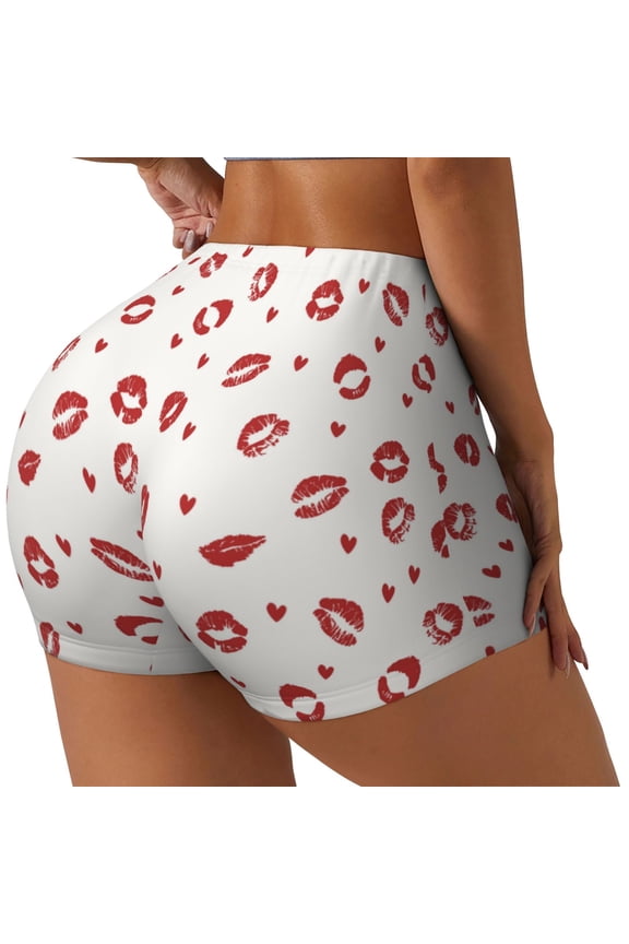 Lips Kiss Printed Power Workout Shorts for Women Tummy Control Squat Proof Ribbed Thick Seamless Scrunch Active Short-Large