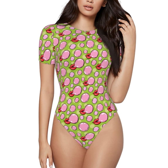 Rateoe Lips blowing bubble gum Printed Women Rash Guard Short Sleeve,Tummy control Swimsuit Surfing Swimsuit Bathing Suit Short-sleeved Onesie UPF 50+-X-Large
