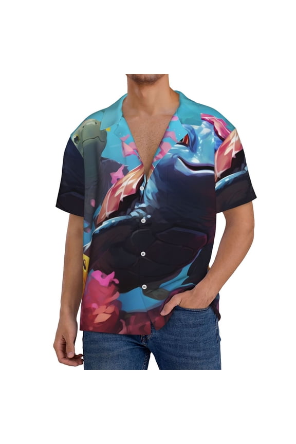 Lively Cute Turtle Pattern Men's Short Sleeve Classic Shirt, Casual Short-Sleeved Shirt, Lightweight Summer Shirt, Cuban Collar Shirt,Button-Front Shirt-Small