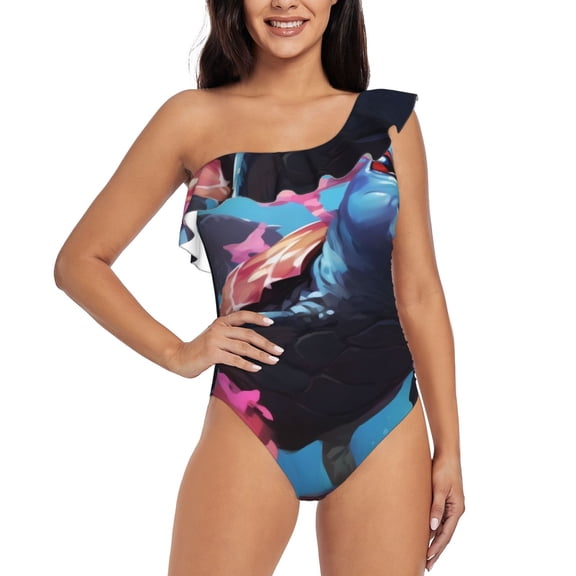 Rateoe Lively Cute Turtle Pattern Women One Piece Swimsuits Tummy Control One Shoulder Bathing Suits Ruffle Swimwear-