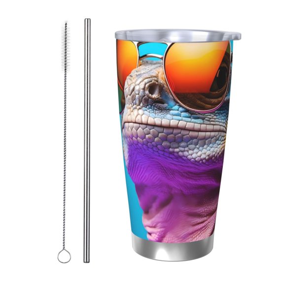 Rateoe Lizard With Sunglasses Colorful Printed Car Guy Gifts for Men Women Tumbler - 20oz/590ml Vacuum Insulated Stainless Steel Travel Tumbler Cups with Lid & Straw-Straw Two-piece Set