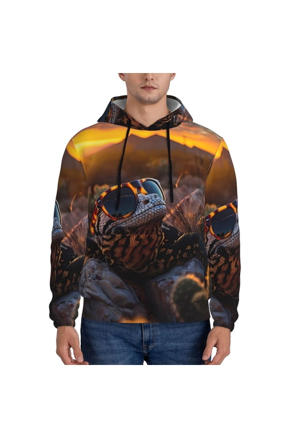 Lizard With Sunglasses Sunset Pattern Mens Hoodie, Pullover Hooded Sweatshirt, Kangaroo Pocket Hoodie Ideal for Daily Wear, Travel and Home-4X-Large