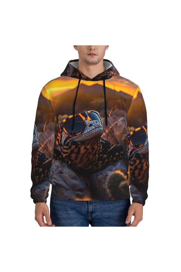 Lizard With Sunglasses Sunset Pattern Mens Hoodie, Pullover Hooded Sweatshirt, Kangaroo Pocket Hoodie Ideal for Daily Wear, Travel and Home-Large