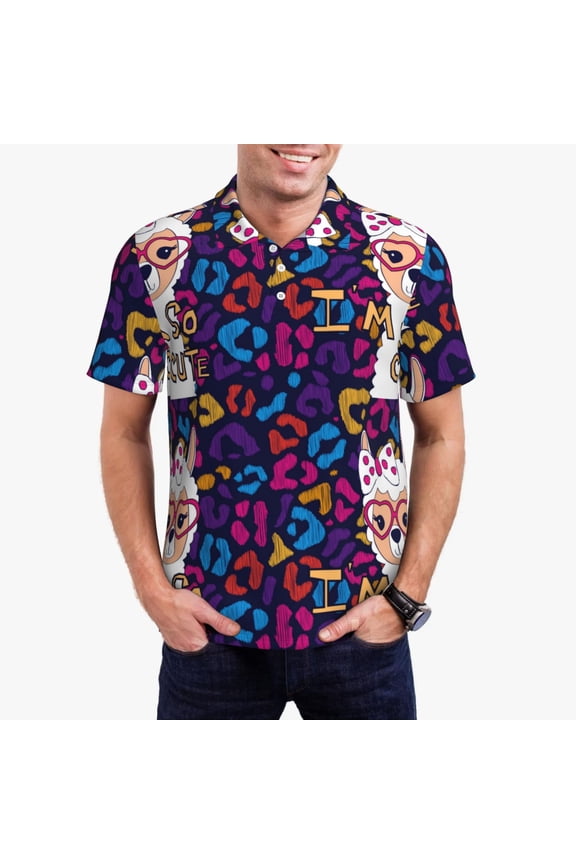 Llama Alpaca Pattern Men's Short Sleeve Polo Shirts, Golf Polo Shirts Short Sleeve Performance Moisture Wicking Dry-Large