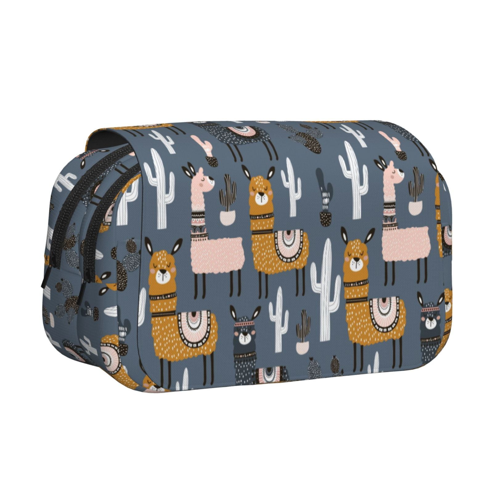 Rateoe Llama and Cactus Pattern Double Clamshell Pen Case, Storage Organizer with Two Zipper Compartments– Holds Up to 50 Pencils & Pens