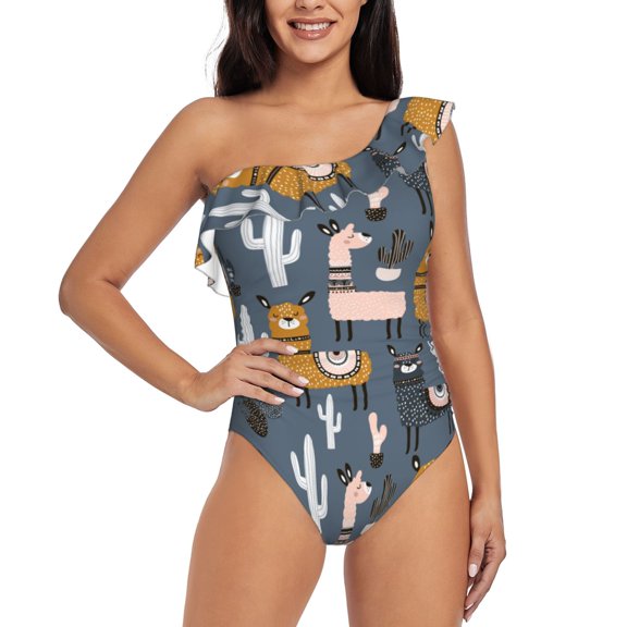 Rateoe Llama and Cactus Pattern Women One Piece Swimsuits Tummy Control One Shoulder Bathing Suits Ruffle Swimwear-