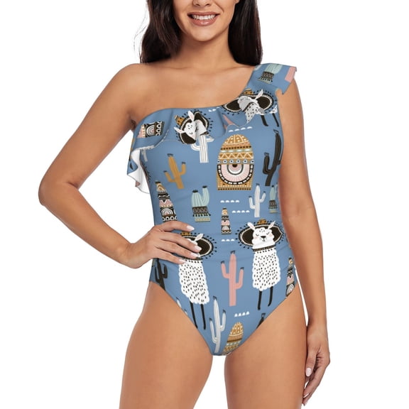 Rateoe Llamas And Cactus Pattern Women One Piece Swimsuits Tummy Control One Shoulder Bathing Suits Ruffle Swimwear-XX-Large