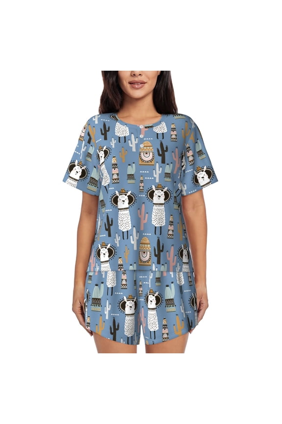 Llamas And Cactus Pattern Women's Short-Sleeved Pajama Set - 2 Piece Soft and Lightweight Sleepwear Set-XX-Large