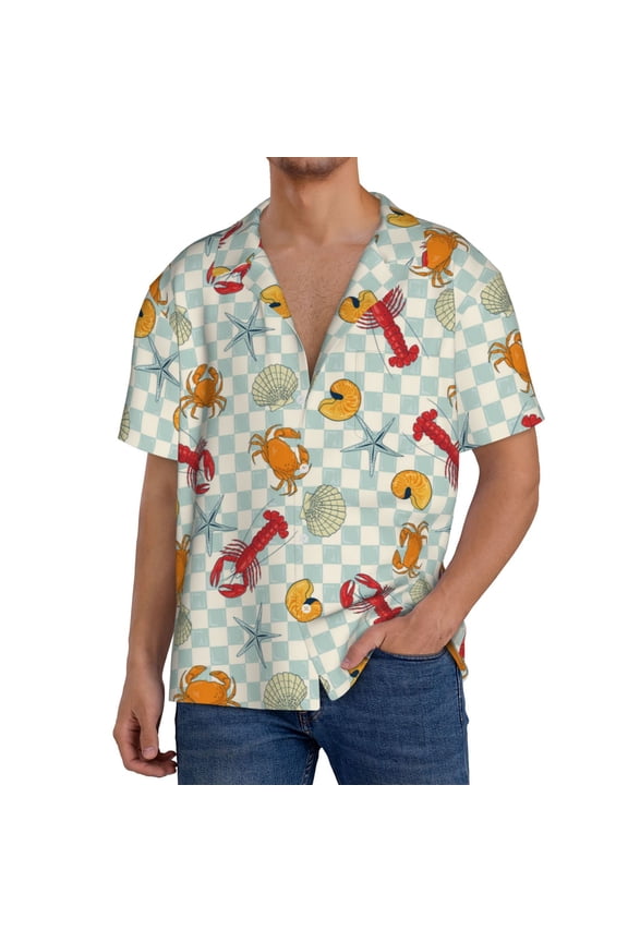 Lobster Sea Shell Pattern Men's Short Sleeve Classic Shirt, Casual Short-Sleeved Shirt, Lightweight Summer Shirt, Cuban Collar Shirt,Button-Front Shirt-Small