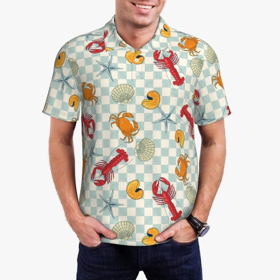 Rateoe Lobster Sea Shell Pattern Men's Short Sleeve Polo Shirts, Golf Polo Shirts Short Sleeve Performance Moisture Wicking Dry-X-Large