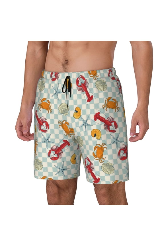 Lobster Sea Shell Pattern Men’s Swim Shorts with Compression Liner – Double-Layered Quick-Dry Swimwear, Comfortable & Stretchy Beach Shorts-X-Large