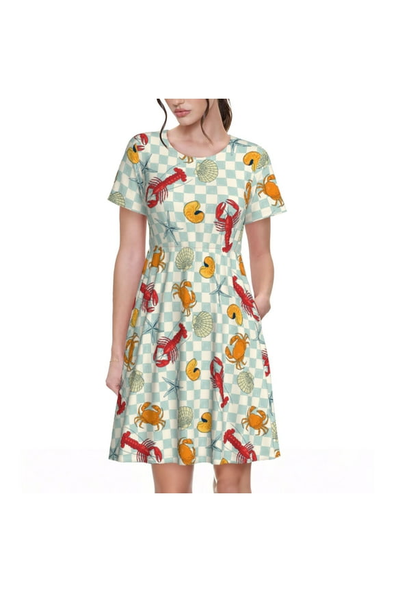 Lobster Sea Shell Pattern Women’s Short Sleeve Dress – Casual Elegant Summer A-Line Dress for Everyday Wear