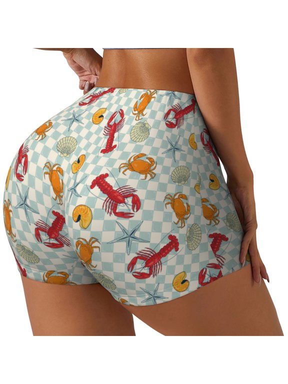 Lobster Sea Shell Printed Power Workout Shorts for Women Tummy Control Squat Proof Ribbed Thick Seamless Scrunch Active Short-Medium