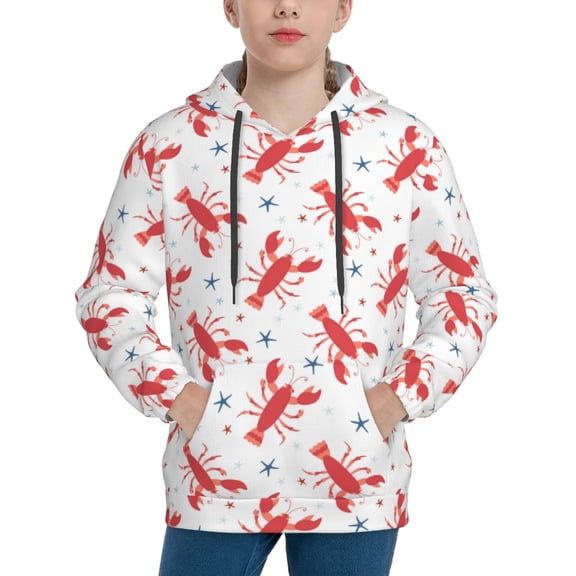 Rateoe Lobsters And Sea Stars Pattern Boys Hoodie, Youth Pullover Hooded Sweatshirt, Kangaroo Pocket Hoodie for Kids-Large