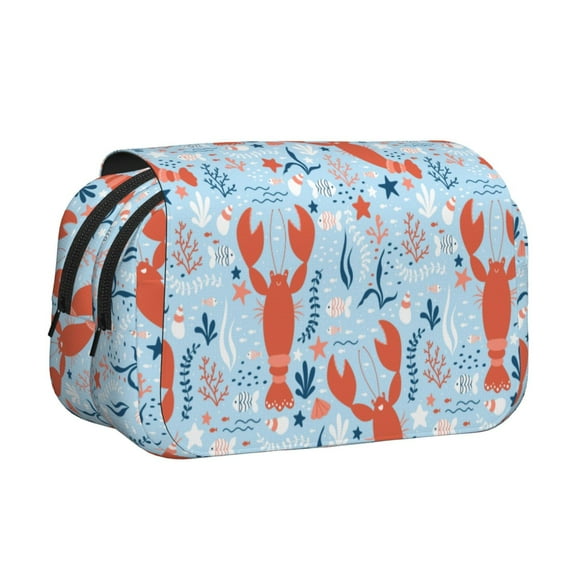 Rateoe Lobsters Pattern Double Clamshell Pen Case, Storage Organizer with Two Zipper Compartments Holds Up to 50 Pencils & Pens