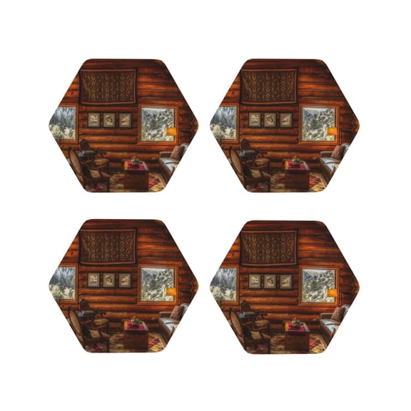 Rateoe Log Cabin Inside Drawing Drink Coasters Set of 4 Leather Coasters Spill Protection for Table Desk,Durable and Non Slip Leather Coaster ,4 Inches Drink Mats-Hexagon