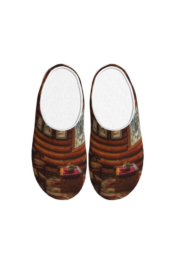Log Cabin Inside Print Women's Men's Cotton Knit Slippers Lightweight Memory Foam Indoor House Shoes with Anti-Skid Sole-44/45