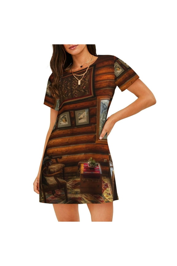 Log Cabin Inside Print Women’s Nightdress – Cozy Cotton Short-sleeved Sleep Shirt, Loose-Fit Sleepwear, Perfect for Relaxing and Sleeping