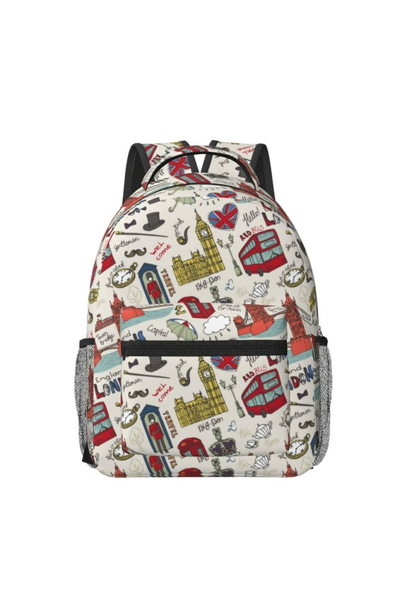 London Landmark1 Pattern Durable Student Backpack Laptop Bag- Ergonomic Design, Waterproof Twill Fabric - Ideal for School, Travel, and Outdoor Activities