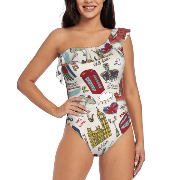 Rateoe London Landmark1 Pattern Women One Piece Swimsuits Tummy Control One Shoulder Bathing Suits Ruffle Swimwear-X-Large