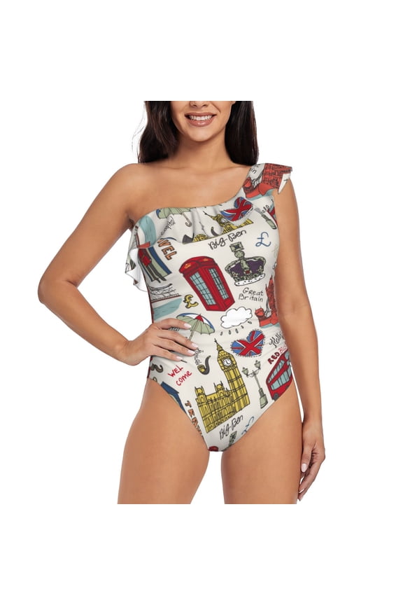 London Landmark1 Pattern Women One Piece Swimsuits Tummy Control One Shoulder Bathing Suits Ruffle Swimwear-X-Large