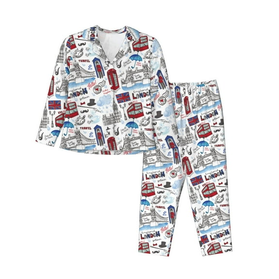 Rateoe London Landmark2 Pattern Womens Pajamas Set Long Sleeve Sleepwear Button Down Nightwear Soft Cotton Pj Lounge Sets