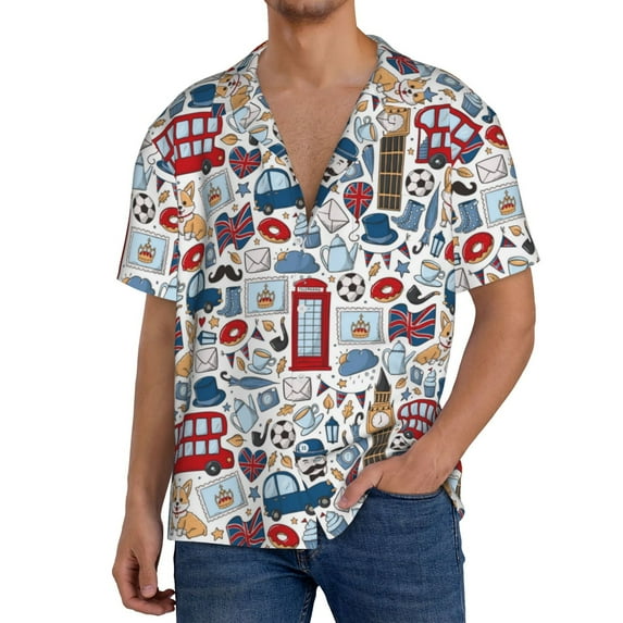 Rateoe London Symbols1 Pattern Men's Short Sleeve Classic Shirt, Casual Short-Sleeved Shirt, Lightweight Summer Shirt, Cuban Collar Shirt,Button-Front Shirt-Medium