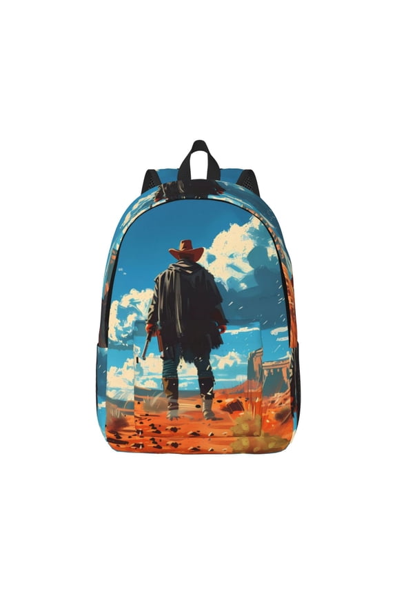 Lone Cowboy Desert Scene Pattern Canvas College Laptop Backpack,Travel Daypack,Durable Rucksack Travel Notebook Bag School Backpack Book Bag for Men Women-Medium