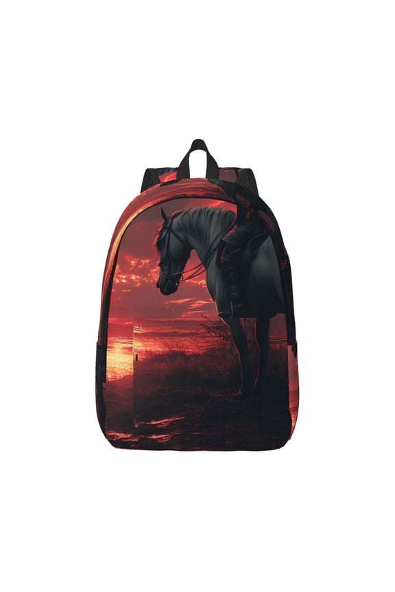 Lone Rider Under Red Sky Pattern Canvas College Laptop Backpack,Travel Daypack,Durable Rucksack Travel Notebook Bag School Backpack Book Bag for Men Women-Small