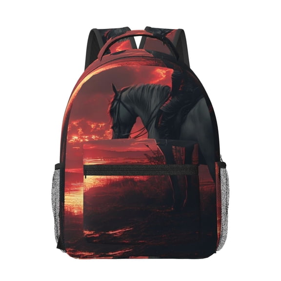 Rateoe Lone Rider Under Red Sky Pattern Durable Student Backpack Laptop Bag- Ergonomic Design, Waterproof Twill Fabric - Ideal for School, Travel, and Outdoor Activities-One Size