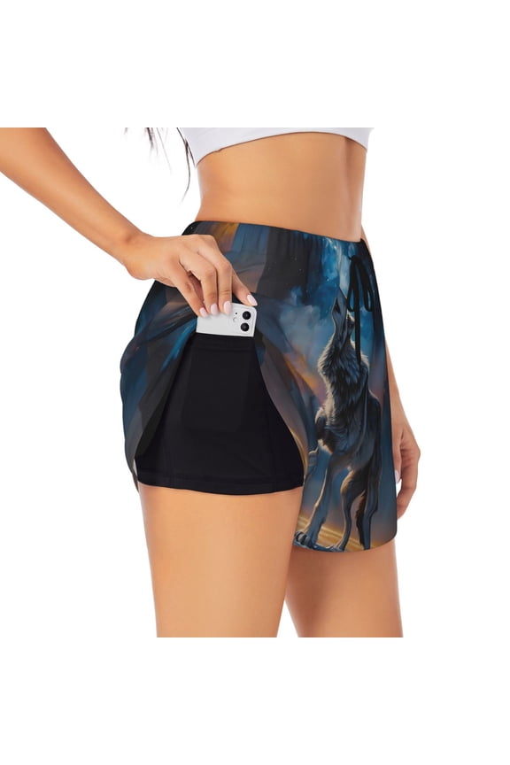 Lonely Night Sky Wolf Printed 2 in 1 Women's Workout Shorts for Athletic Gym Running Shorts with Phone Pockets-