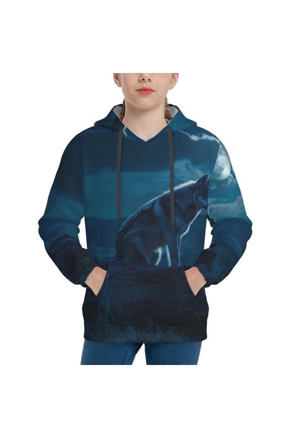 Lonely Night Wolf Pattern Boys Hoodie, Youth Pullover Hooded Sweatshirt, Kangaroo Pocket Hoodie for Kids-Small