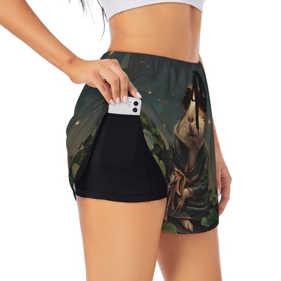 Rateoe Lotus Leaf Starry Sky Guinea Pig Printed 2 in 1 Women's Workout Shorts for Athletic Gym Running Shorts with Phone Pockets-Medium
