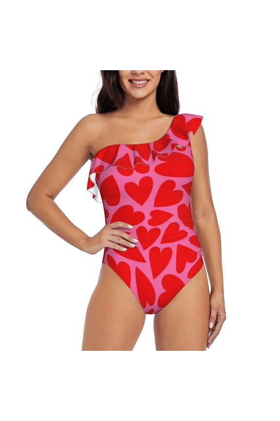 Love Heart Pattern Women One Piece Swimsuits Tummy Control One Shoulder Bathing Suits Ruffle Swimwear-
