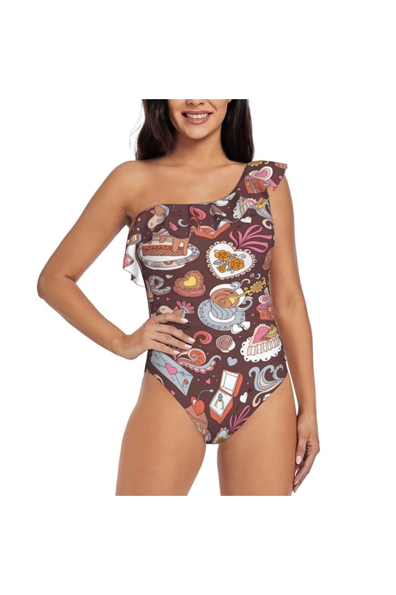 Love Heart Pattern Women One Piece Swimsuits Tummy Control One Shoulder Bathing Suits Ruffle Swimwear-