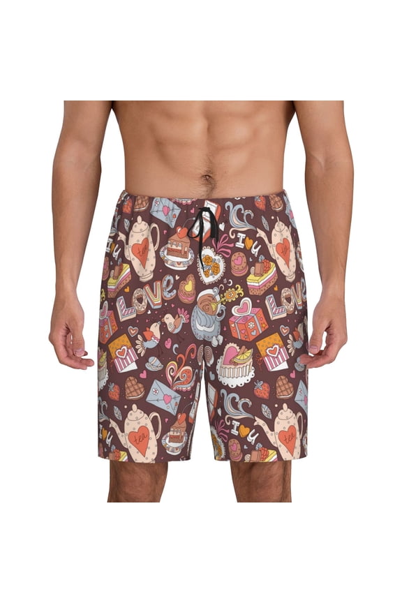 Love Heart Print Men's Lounge Shorts – Soft & Breathable Pajama Bottoms with Pockets, Elastic Waistband, Lightweight Sleepwear for Nightwear & Loungewear-