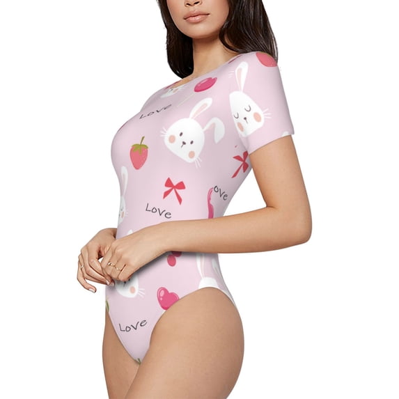 Rateoe Love Rabbit Printed Women Rash Guard Short Sleeve,Tummy control Swimsuit Surfing Swimsuit Bathing Suit Short-sleeved Onesie UPF 50+