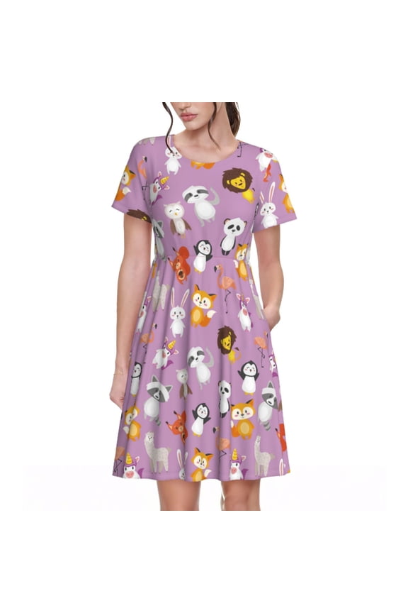 Lovely Animals Pattern Women’s Short Sleeve Dress – Casual Elegant Summer A-Line Dress for Everyday Wear