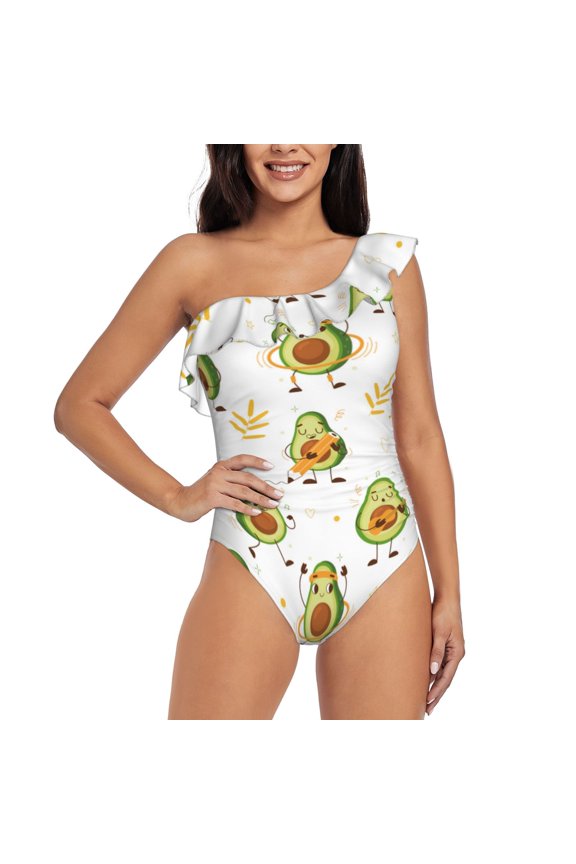 Lovely Avocado Pattern Women One Piece Swimsuits Tummy Control One Shoulder Bathing Suits Ruffle Swimwear-