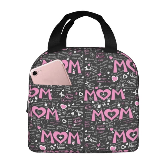 Rateoe Lovely Mom Ever Pattern Insulated Lunch Bag with Thick Aluminum Foil Lunch Tote Bag with Front Pocket for Men and Women, Ideal for Work, School, Picnics, and Travel