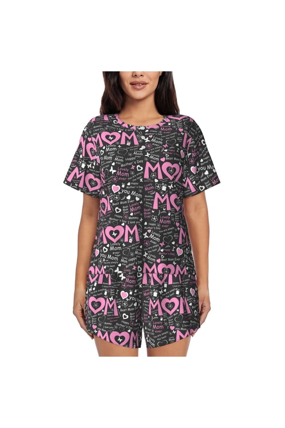 Lovely Mom Ever Pattern Women's Short-Sleeved Pajama Set - 2 Piece Soft and Lightweight Sleepwear Set-Large
