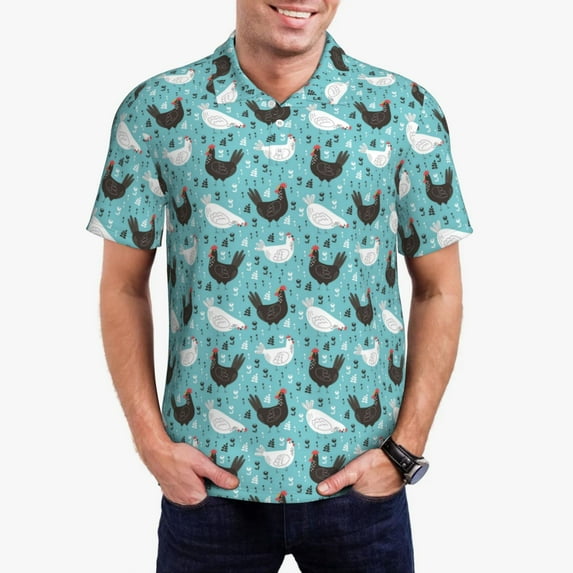 Rateoe Lovely Roosters Pattern Men's Short Sleeve Polo Shirts, Golf Polo Shirts Short Sleeve Performance Moisture Wicking Dry-4X-Large